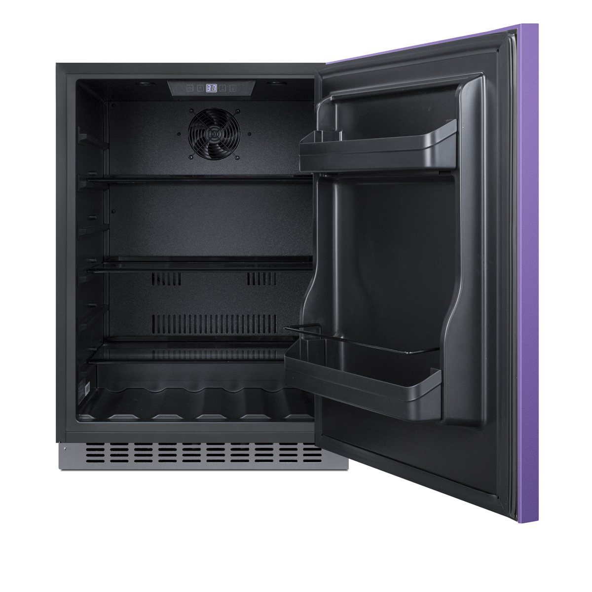24 in. wide built-in undercounter ADA compliant all-refrigerator with lavender purpose door, stainless steel handle and kickplate, and black cabinet